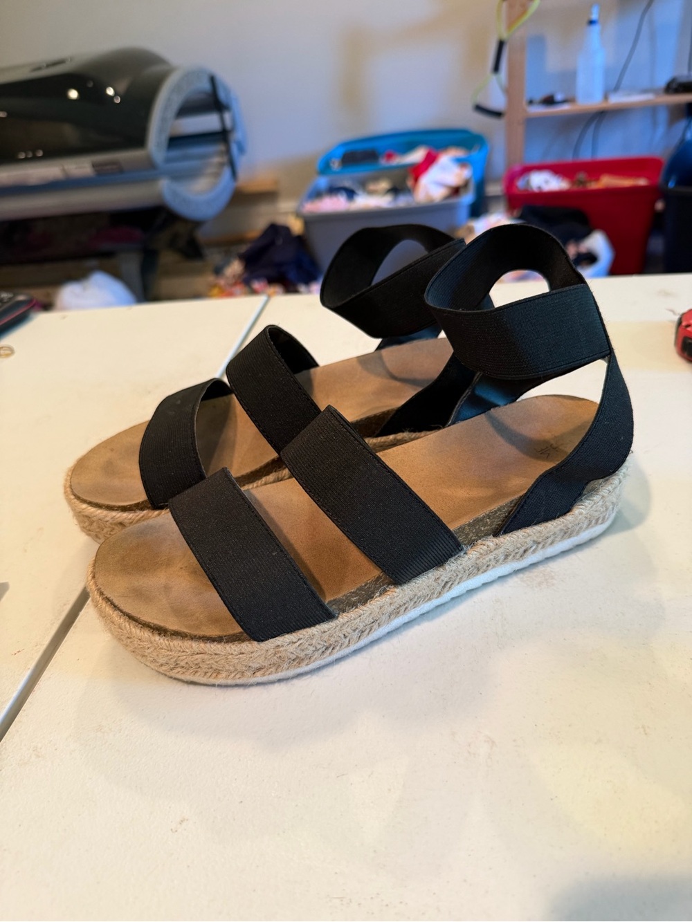 Time and Tru Black Elastic Espadrille Platform Sandals